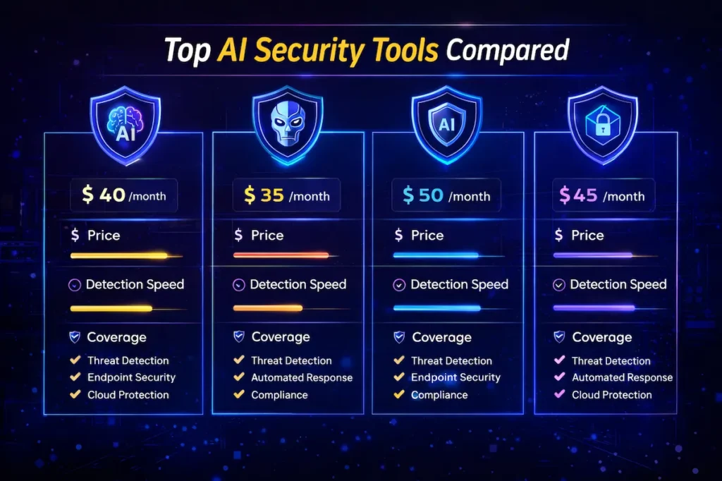 omparison of AI security tools for small businesses with features and pricing