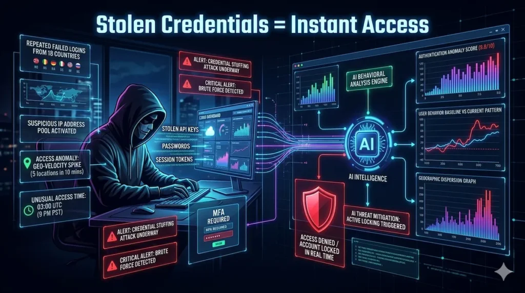 AI detecting credential theft and blocking unauthorized cloud access using behavioral analytics