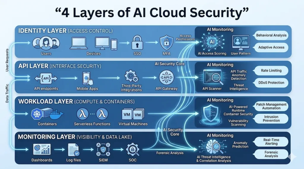 AI cloud security architecture diagram showing identity, workload, API, and monitoring layers