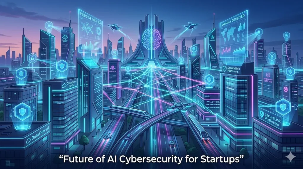 Futuristic shield representing AI-powered threat detection tools startups use to protect cloud systems and business data.