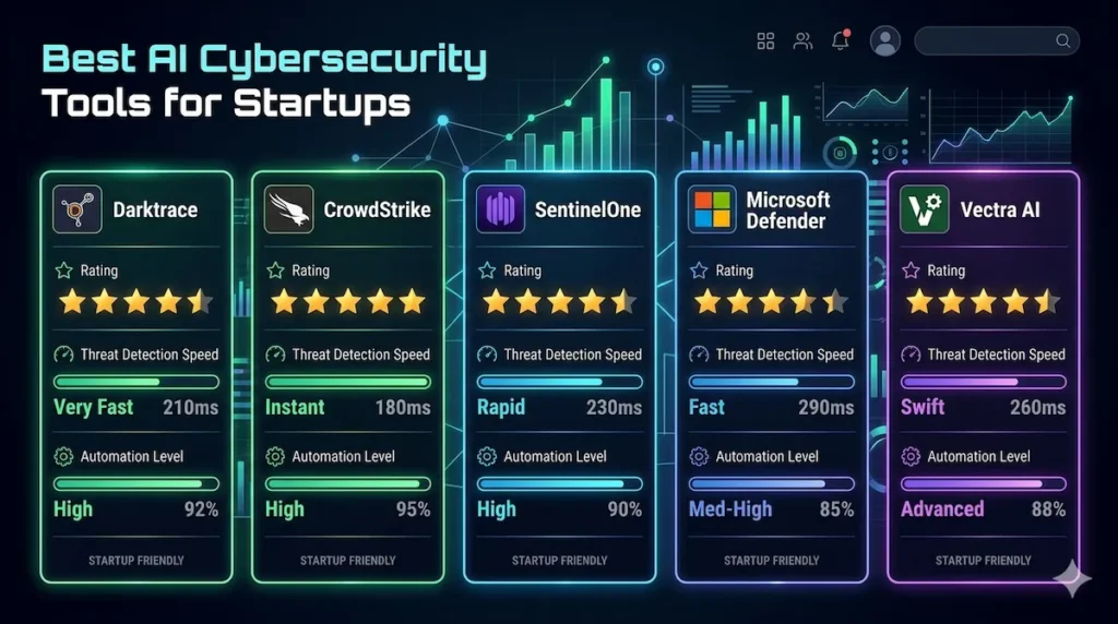 Infographic showing step-by-step AI-powered threat detection process used by startups for cybersecurity automation.
