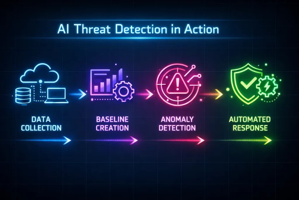 Step-by-step AI threat detection workflow for SaaS startups, from data collection to automated response, with neon icons.