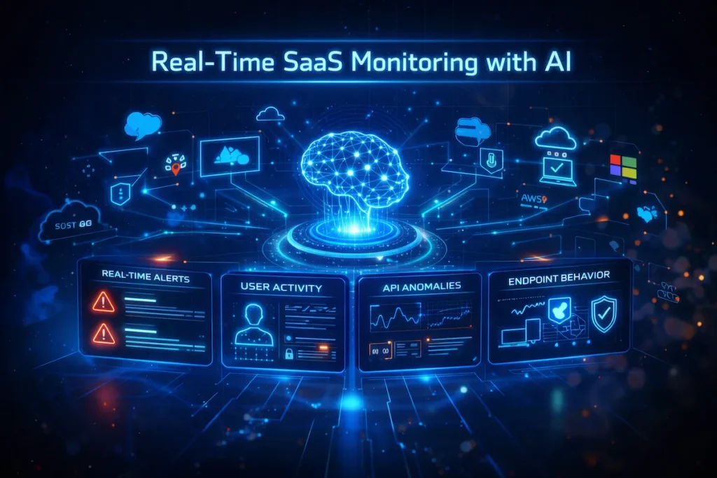 AI monitoring dashboard showing real-time cloud and SaaS security, alerts, user activity, and API anomalies.