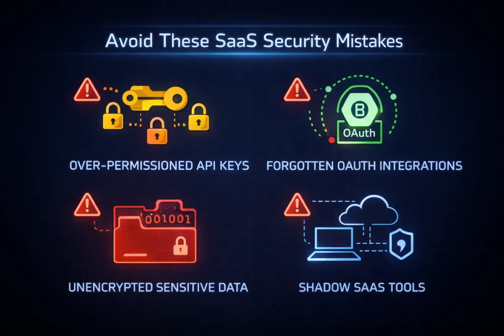 Infographic highlighting common SaaS security mistakes for startups, including API key mismanagement and shadow SaaS tools.