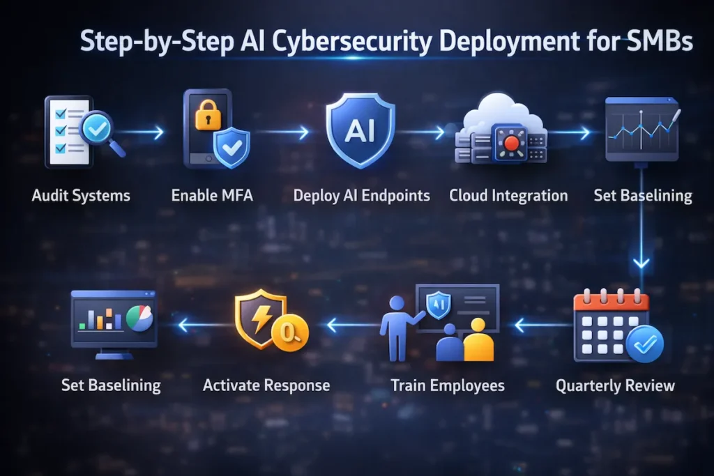 Infographic showing 8-step workflow for implementing AI cybersecurity tools in small businesses