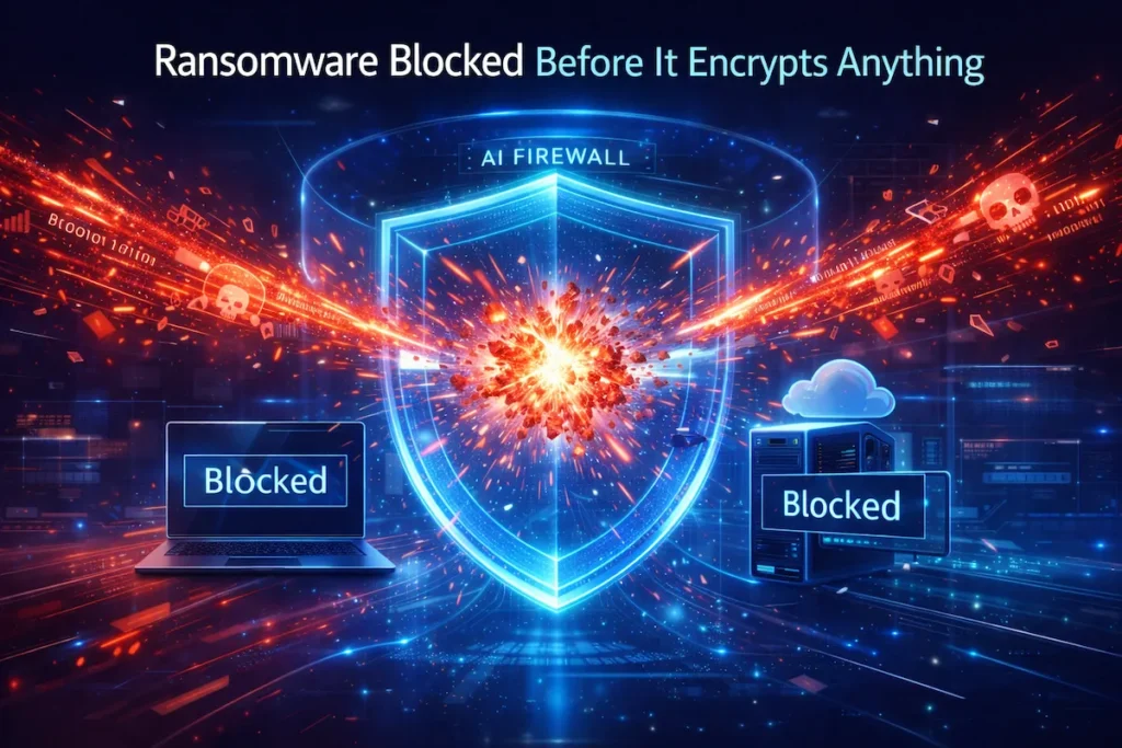 AI endpoint security system blocking ransomware attack in real time before it can encrypt startup data.