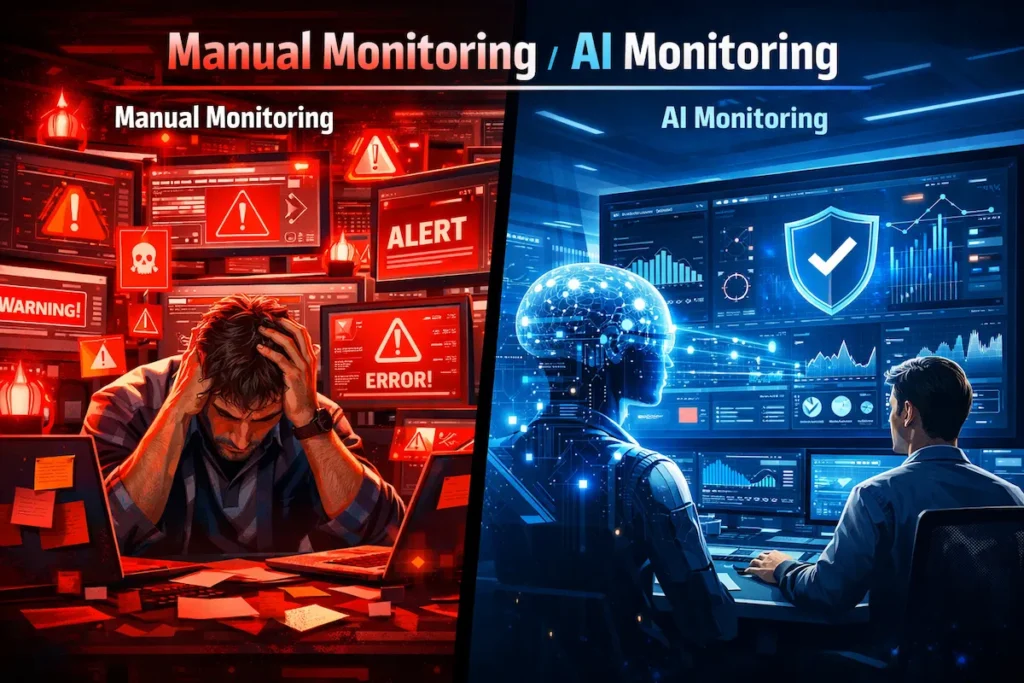 Comparison between manual network monitoring with alert overload and AI-powered monitoring with automated threat detection and clean dashboard.