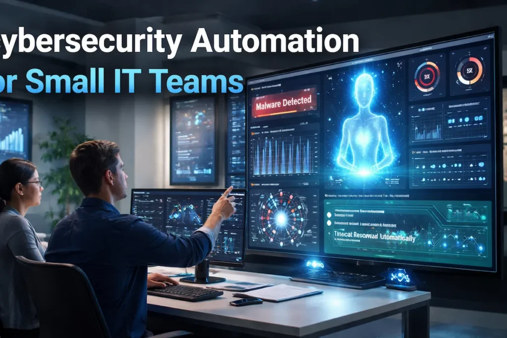 Small IT team using AI-powered network security monitoring dashboard to automate threat detection and reduce workload.