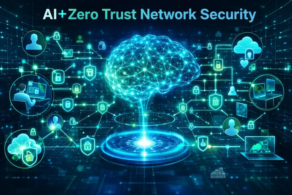 AI-powered zero trust network security system verifying users and devices continuously across a connected digital environment.