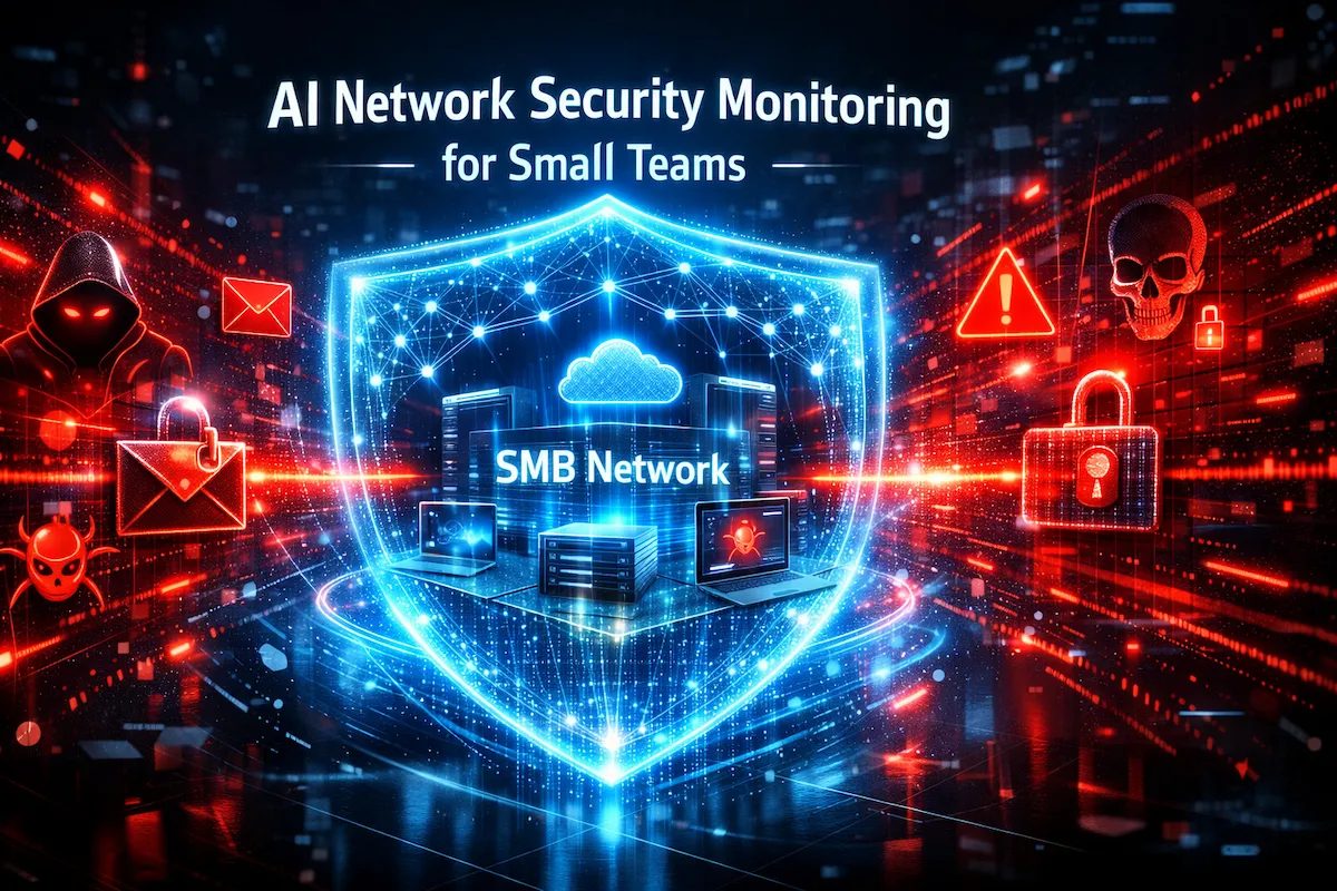 Futuristic AI network security monitoring system protecting a small business network from cyber threats with a glowing shield and data streams.
