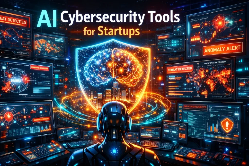 AI cybersecurity tools monitoring and protecting startup systems with real-time threat detection