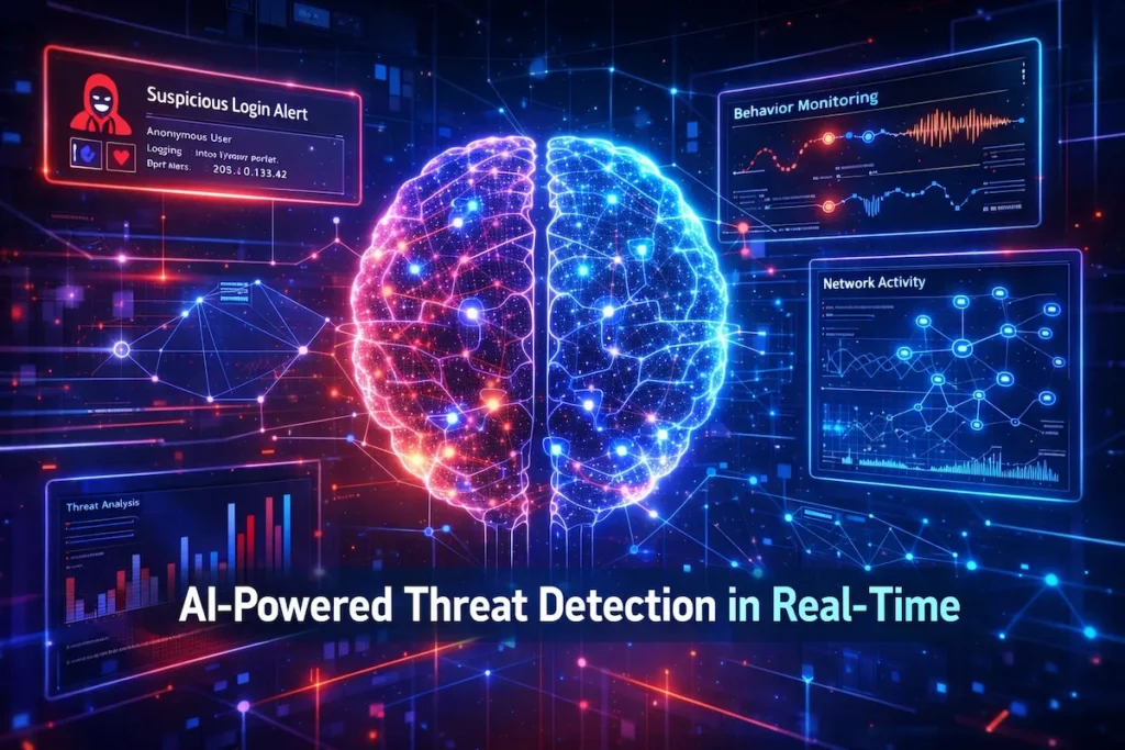 AI-powered startup threat detection dashboard showing AI brain, login alerts, and behavioral analytics in real-time.