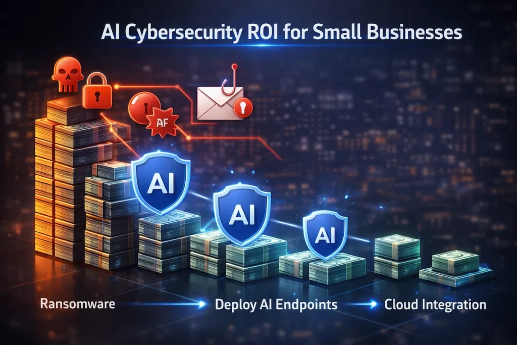 Diagram showing cost savings and breach prevention for SMBs using AI cybersecurity tools