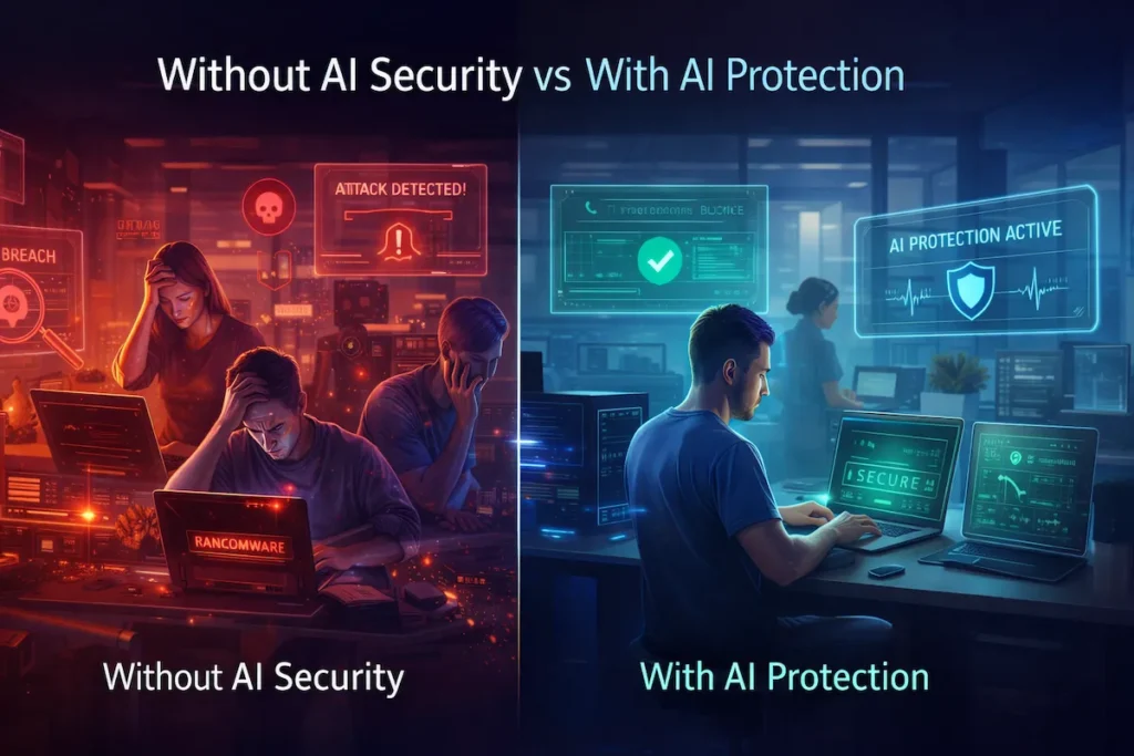 Split comparison showing a startup under cyber attack versus a protected startup using AI endpoint security systems.