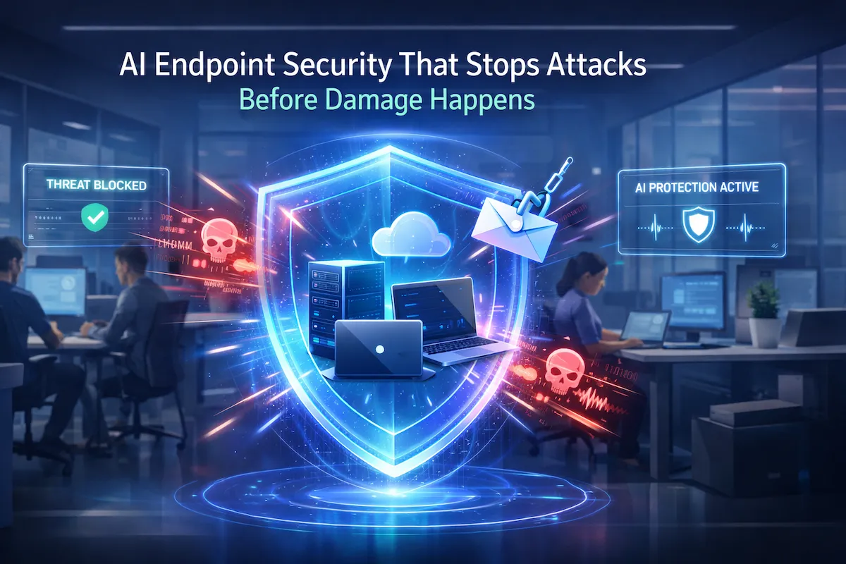 Futuristic AI cybersecurity shield protecting startup devices from ransomware and phishing attacks in a modern office environment.