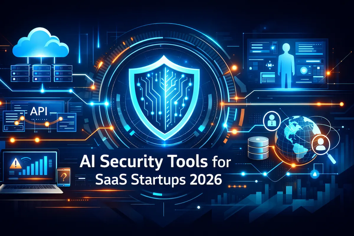 Futuristic AI dashboard monitoring SaaS security across cloud, APIs, endpoints, and user activity with a glowing digital shield.
