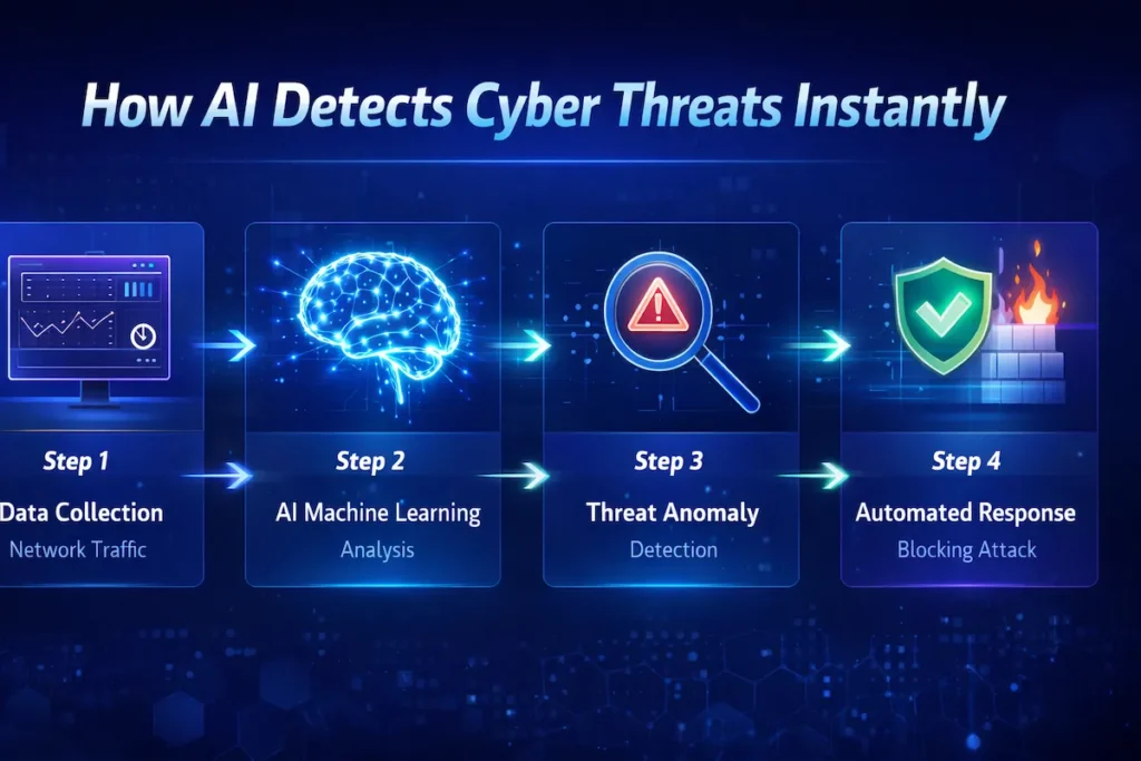 Split-screen showing cyber attacks on startups versus AI-powered threat detection tools startups use to defend systems.