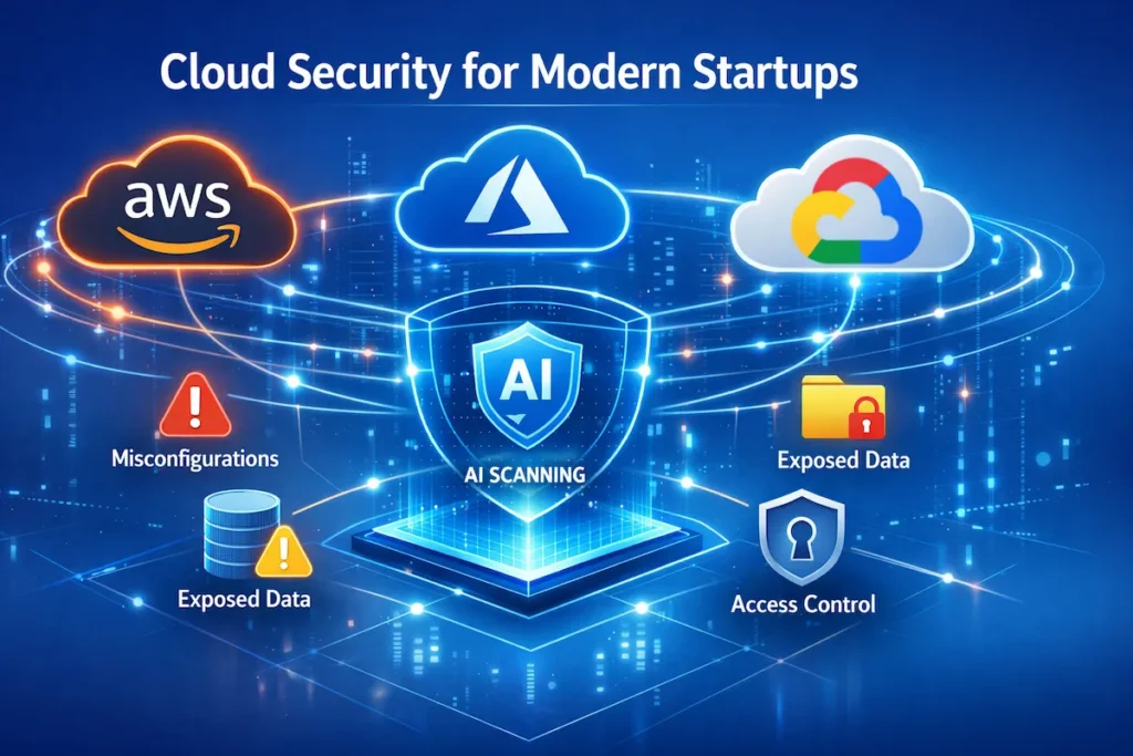 Cloud security diagram showing AI scanning AWS, Azure, and GCP environments