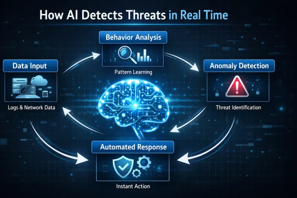AI threat detection process diagram showing automated cybersecurity workflow