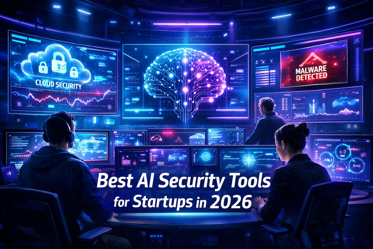 Best AI security tools for startups dashboard with futuristic cybersecurity monitoring system