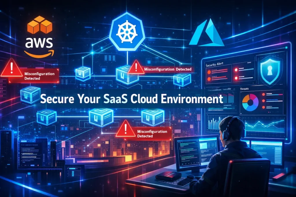Cloud security visualization for SaaS startups showing cloud infrastructure, container security, and threat alerts.