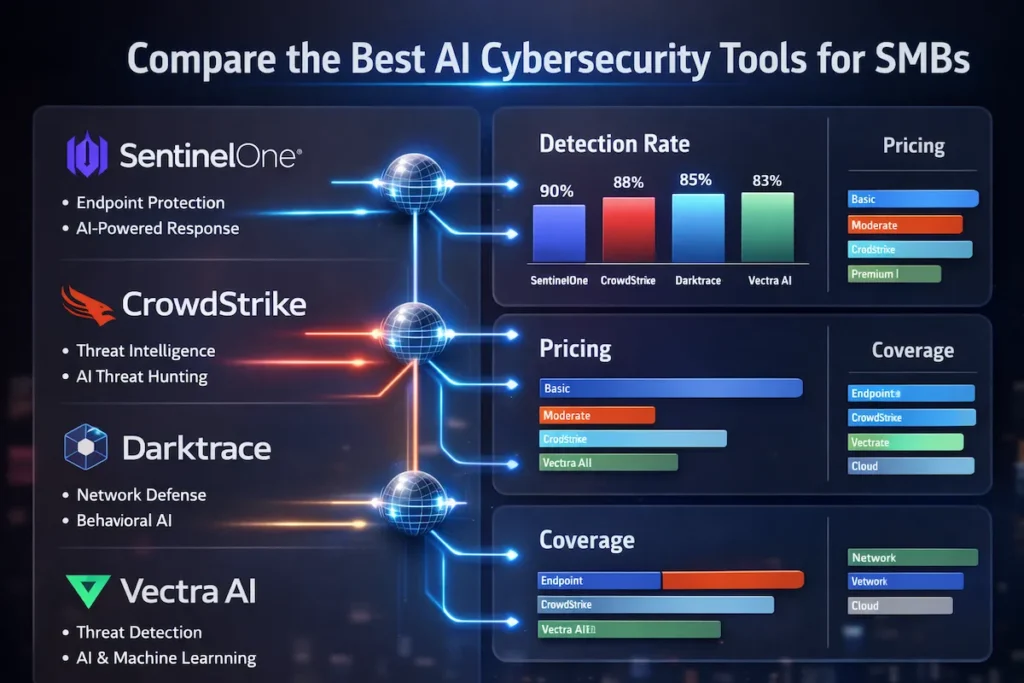Dashboard comparing AI cybersecurity tools for small business with pricing and feature charts