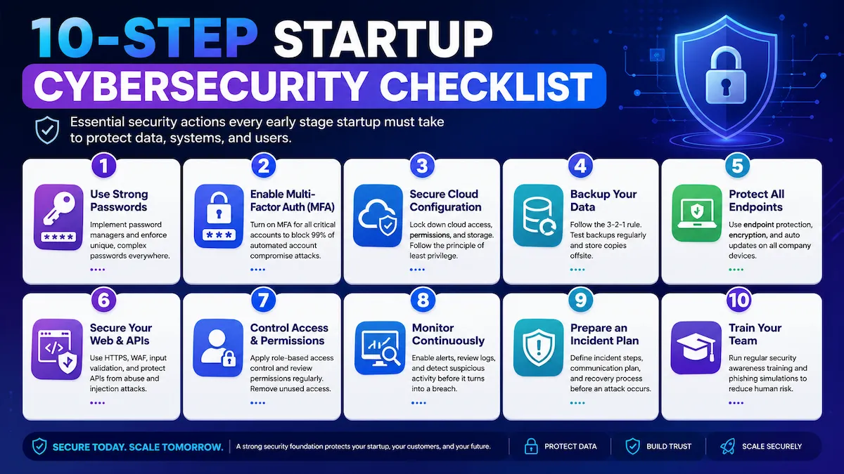 Cybersecurity checklist for early stage startups with digital shield protecting startup systems from cyber threats