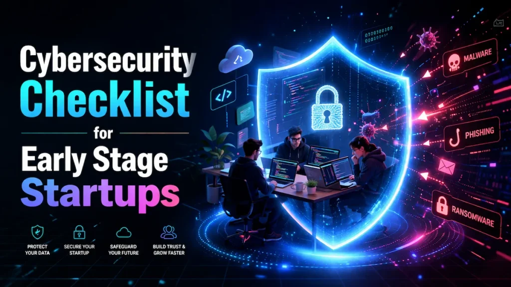 Infographic showing 10-step cybersecurity checklist for startups with icons for MFA, cloud security, monitoring, and backups