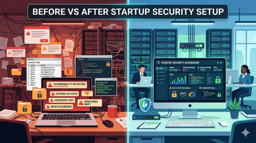 Comparison of insecure vs secure startup systems before and after implementing cybersecurity checklist