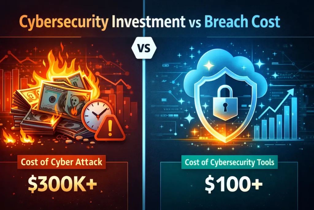Comparison of cybersecurity investment versus cost of data breach for startups visual infographic