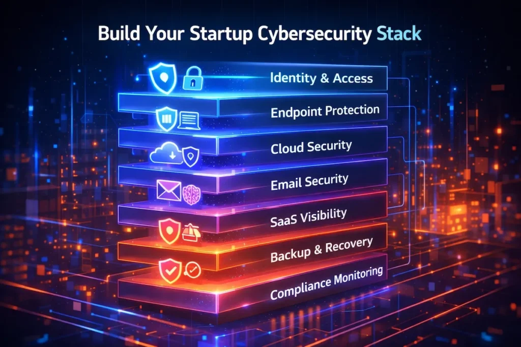 Startup cybersecurity stack diagram showing layered protection including identity, endpoint, cloud, email, SaaS, backup, and compliance.