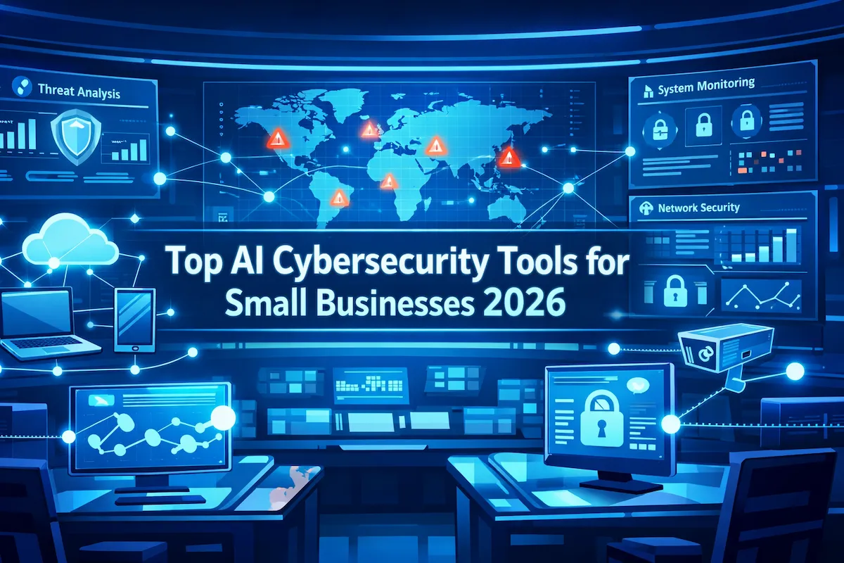Futuristic AI cybersecurity control room showing real-time threat monitoring for small businesses