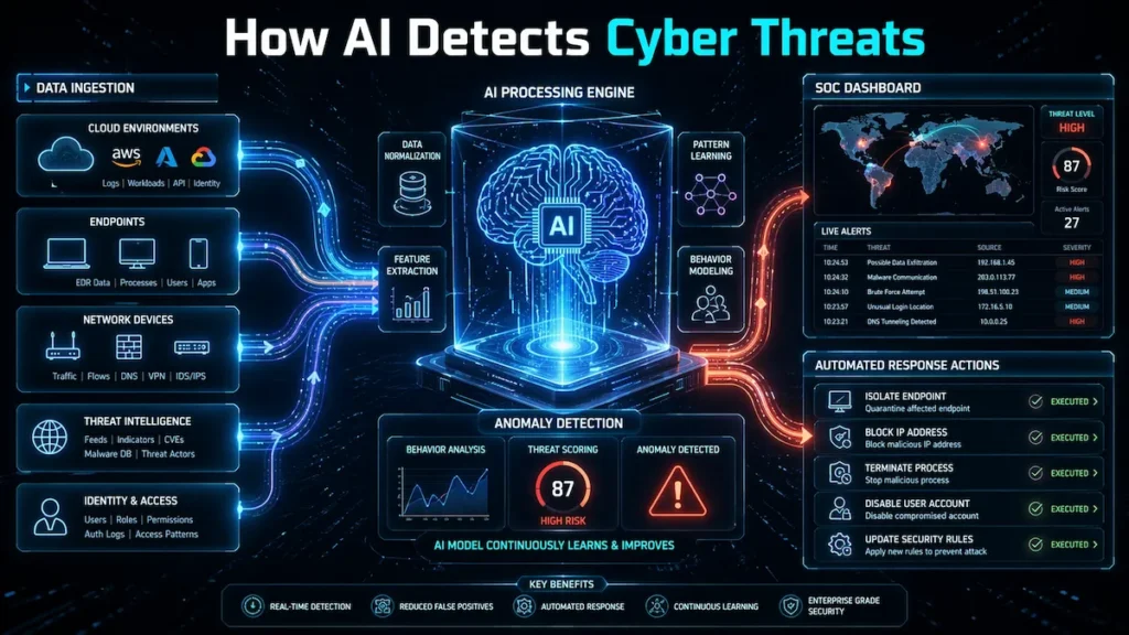 Diagram showing machine learning intrusion detection process from data collection to anomaly detection and automated cybersecurity response.