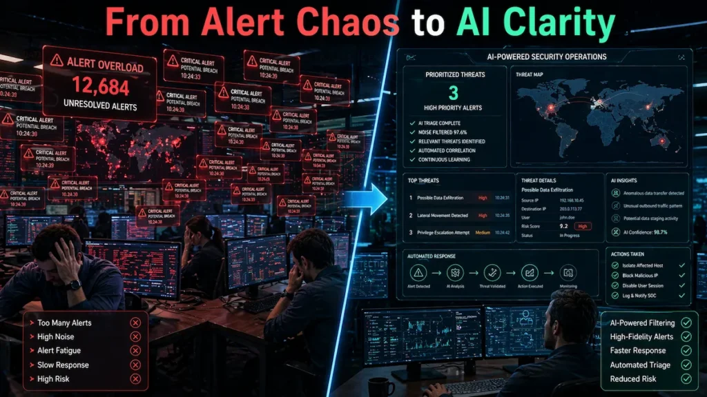 Security operations center transformed by AI reducing alert overload and improving threat prioritization.