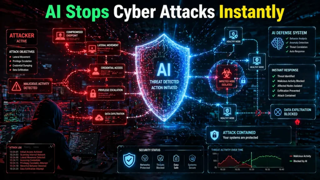 Artificial intelligence system blocking a cyberattack in real time by detecting and isolating malicious network activity.