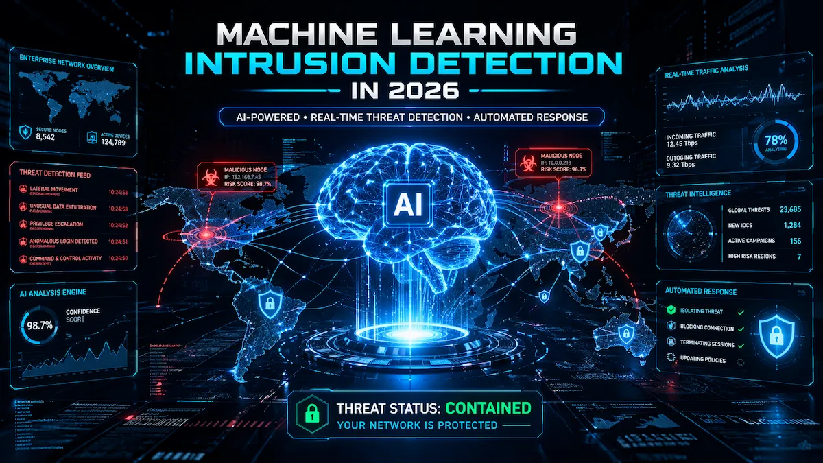 Futuristic AI cybersecurity system analyzing global network traffic and detecting cyber threats in real time using machine learning.