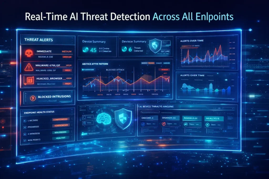 Cybersecurity dashboard showing AI monitoring of endpoints with real-time threat detection and automated alerts.