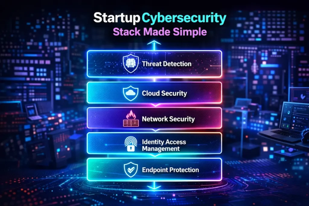 Startup cybersecurity stack diagram showing endpoint identity network cloud and threat detection layers
