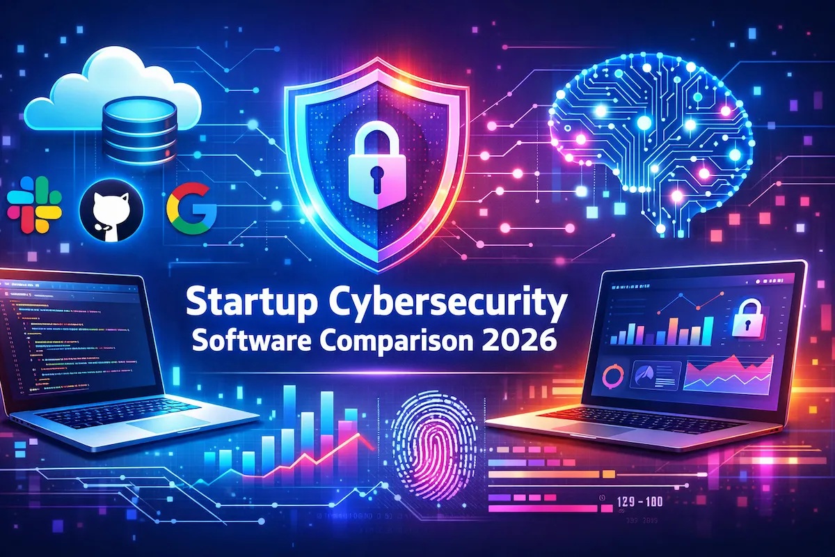 Futuristic digital security concept for startups in 2026 with AI threat detection, cloud apps, and security metrics displayed on screens.
