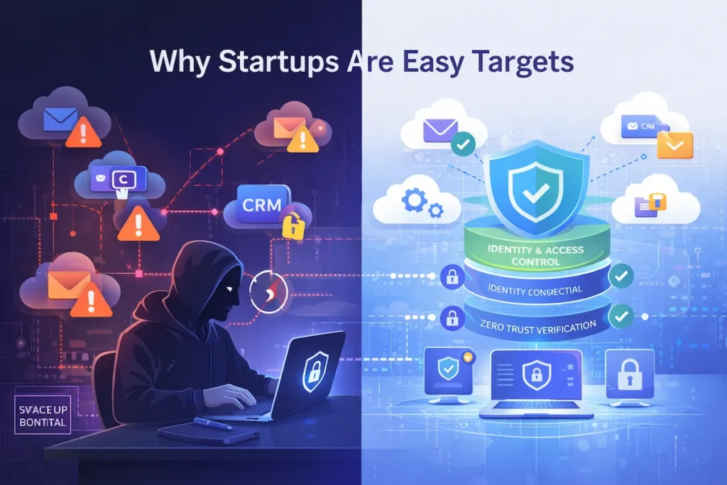 Startup cloud security risks showing SaaS sprawl and cyberattack vulnerabilities