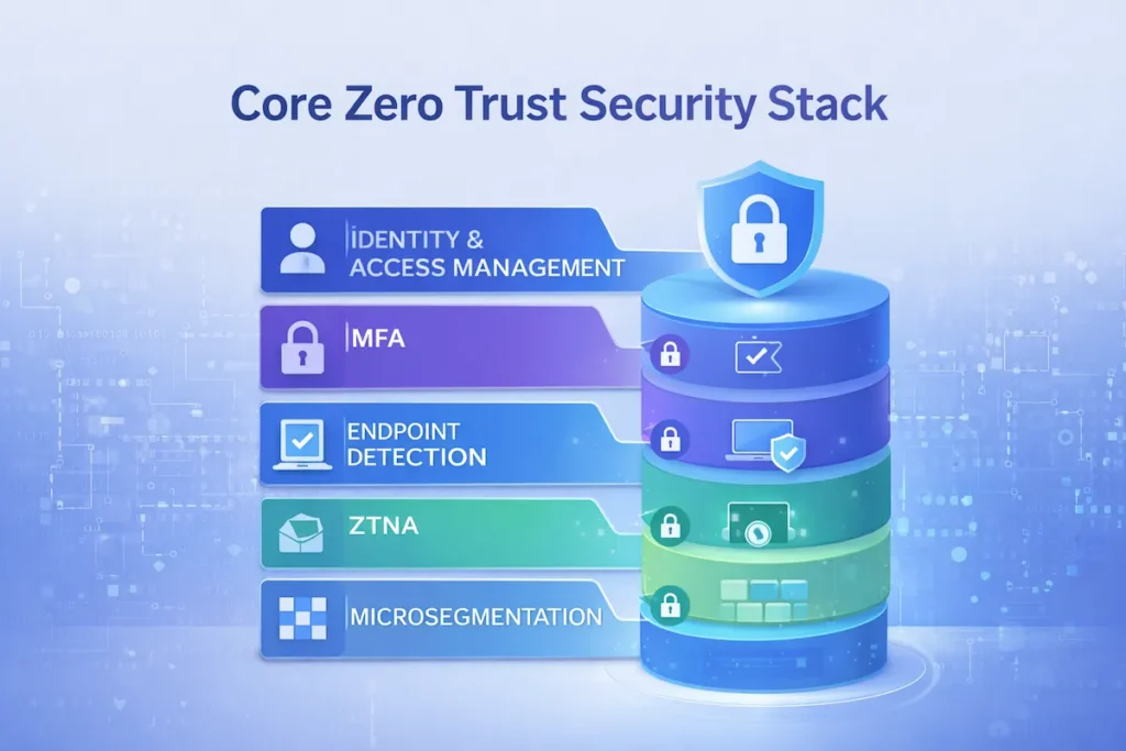 Zero Trust security tools stack including IAM MFA EDR ZTNA and microsegmentation layers