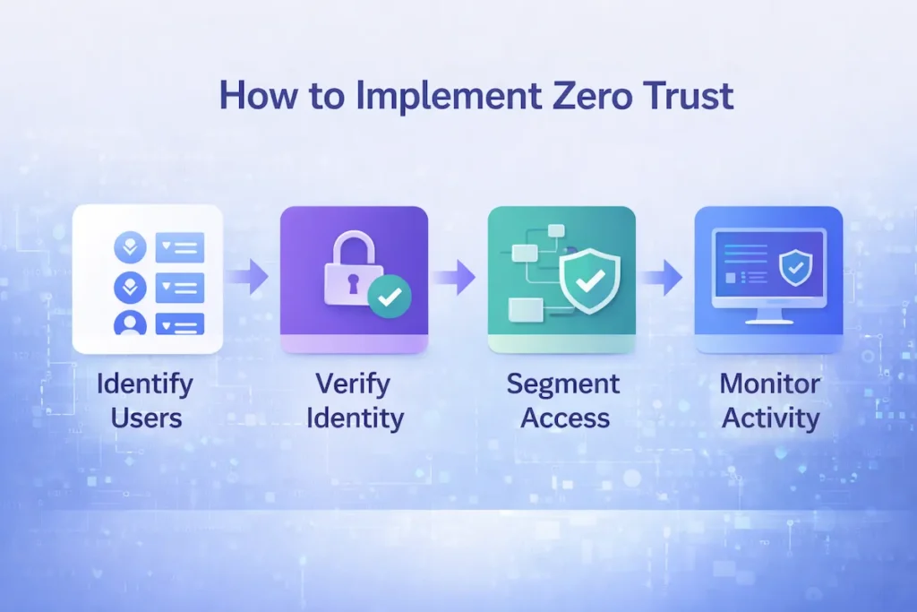 Zero Trust implementation steps showing identity verification segmentation and monitoring process