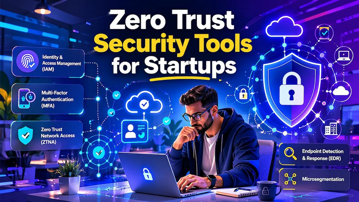 Zero Trust Security Tools for Startups concept with founder and secure cloud environment illustration