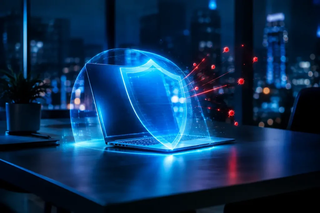 AI endpoint security for startups protecting a laptop from a ransomware attack
