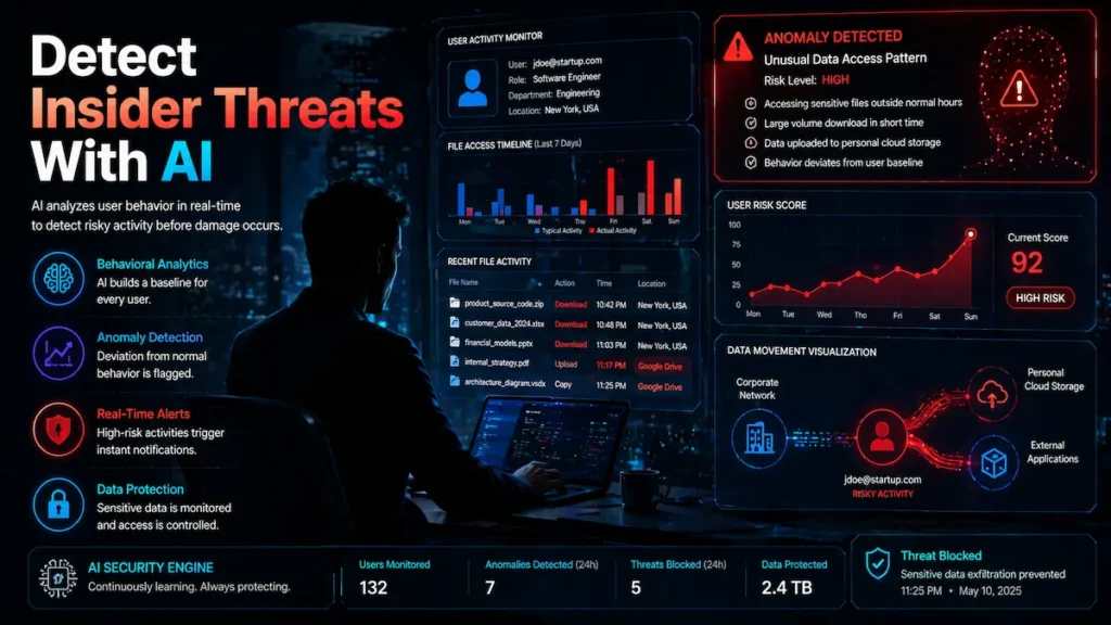 AI detecting insider threat through behavioral anomaly monitoring and unusual data access patterns