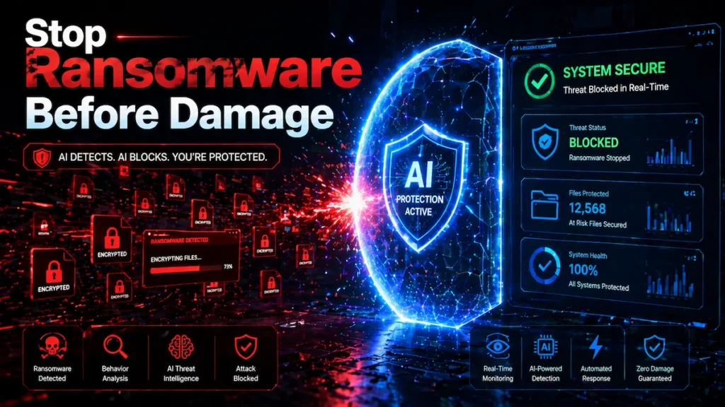 AI cybersecurity system stopping ransomware attack before file encryption completes