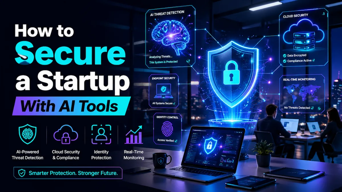 AI-powered cybersecurity protecting a startup environment with digital shields and real-time threat detection visualization