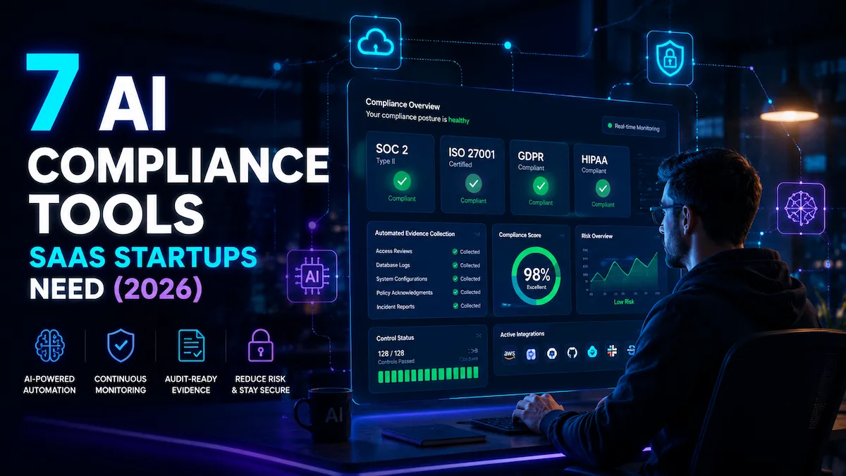 AI security compliance tools dashboard with SOC 2, ISO 27001, and GDPR badges for SaaS startups