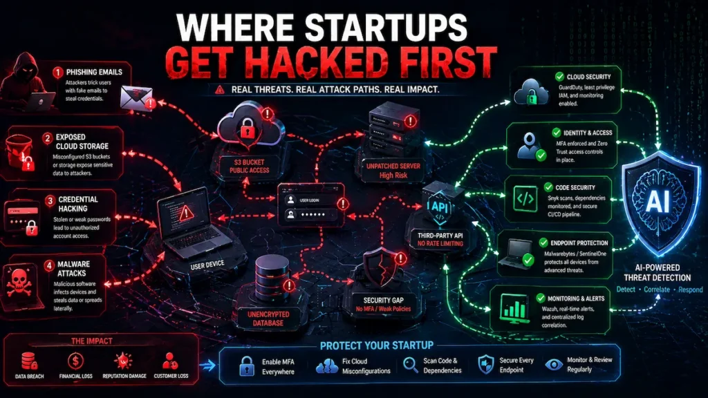 cyber attack map showing phishing cloud misconfiguration and malware threats targeting startup systems
