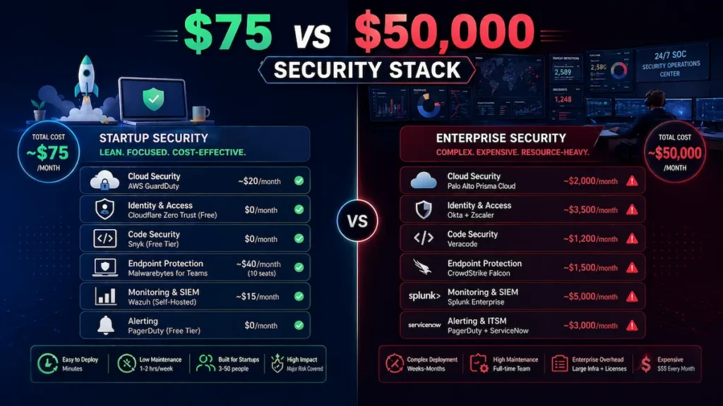 comparison infographic showing startup security stack under 100 dollars vs expensive enterprise cybersecurity systems